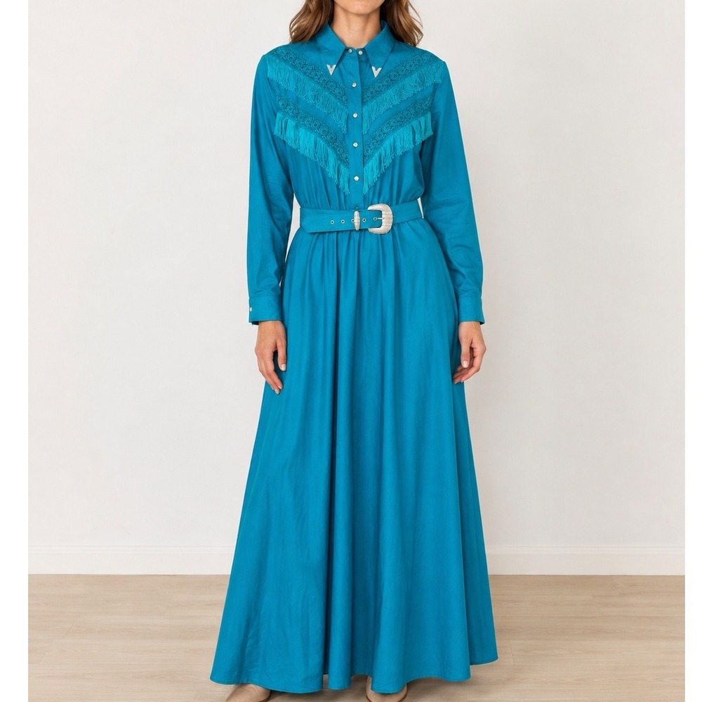Lilia Smitty Vintage Western Fringe Lace Belted Dress Teal Cotton cowgirl rodeo